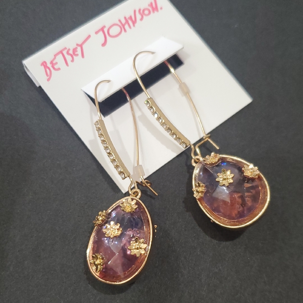 Betsey Johnson gold tone pave cz studded pink gemstone flower studded earrings
